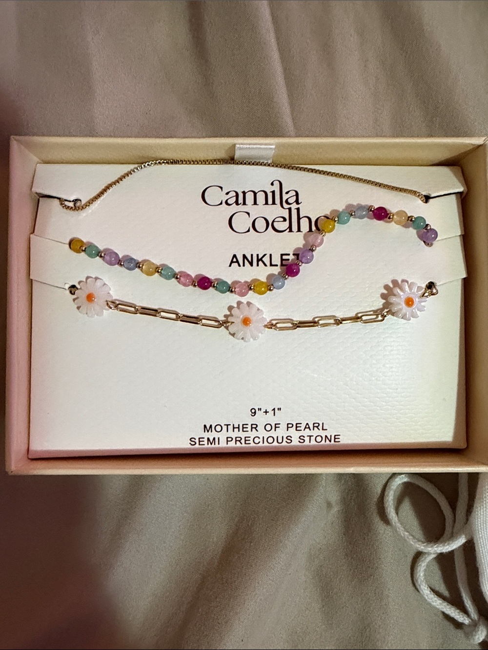 Camila Coelho Gold Chain Anklet Set with White Daisy Charms and Multicolor Beads